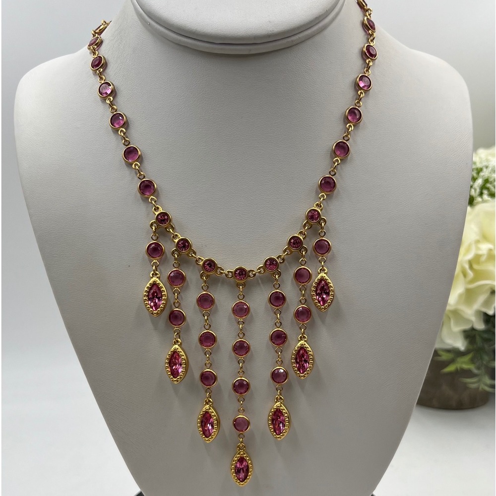 Swarovski Authentic Signed Vintage Pink Crystal Festoon Fringe Gold Necklace